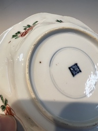 Three sets of Chinese famille verte cups and saucers with birds and flowers, various marks, Kangxi