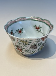 Three sets of Chinese famille verte cups and saucers with birds and flowers, various marks, Kangxi