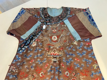 A Chinese brown-ground embroidered silk 'Dragon' robe, 'Ji Fu' 吉服, 19th C.