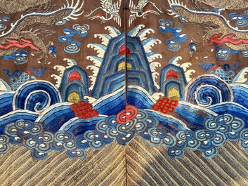 A Chinese brown-ground embroidered silk 'Dragon' robe, 'Ji Fu' 吉服, 19th C.