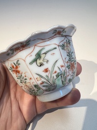 Three sets of Chinese famille verte cups and saucers with birds and flowers, various marks, Kangxi