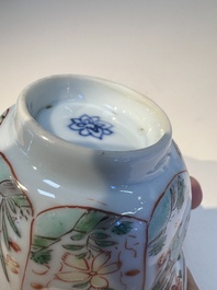 Three sets of Chinese famille verte cups and saucers with birds and flowers, various marks, Kangxi