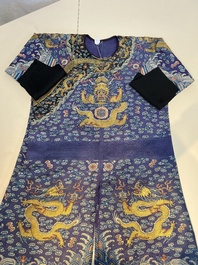 A Chinese blue-ground embroidered silk summer gauze 'Dragon' robe, 'Ji Fu' 吉服, 19th C.
