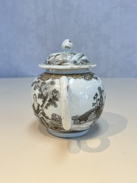 A Chinese export grisaille and gilt-decorated 'European Subject' teapot and cover, Qianlong