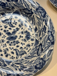 Four Chinese blue and white moulded plates with floral design, Kangxi