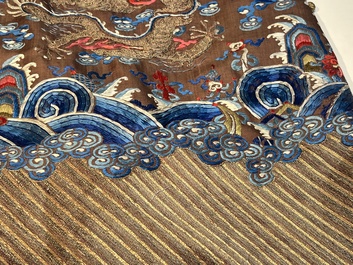 A Chinese brown-ground embroidered silk 'Dragon' robe, 'Ji Fu' 吉服, 19th C.