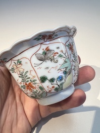 Three sets of Chinese famille verte cups and saucers with birds and flowers, various marks, Kangxi