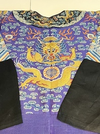 A Chinese blue-ground embroidered silk summer gauze 'Dragon' robe, 'Ji Fu' 吉服, 19th C.