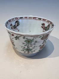 Three sets of Chinese famille verte cups and saucers with birds and flowers, various marks, Kangxi