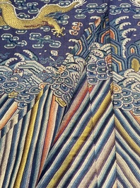 A Chinese blue-ground embroidered silk summer gauze 'Dragon' robe, 'Ji Fu' 吉服, 19th C.
