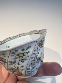 Three sets of Chinese famille verte cups and saucers with birds and flowers, various marks, Kangxi