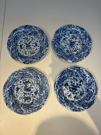 Four Chinese blue and white moulded plates with floral design, Kangxi
