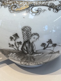A Chinese export grisaille and gilt-decorated 'European Subject' teapot and cover, Qianlong