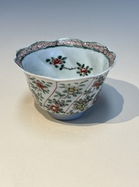Three sets of Chinese famille verte cups and saucers with birds and flowers, various marks, Kangxi