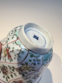 Three sets of Chinese famille verte cups and saucers with birds and flowers, various marks, Kangxi