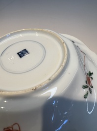 Three sets of Chinese famille verte cups and saucers with birds and flowers, various marks, Kangxi