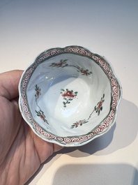 Three sets of Chinese famille verte cups and saucers with birds and flowers, various marks, Kangxi