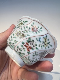 Three sets of Chinese famille verte cups and saucers with birds and flowers, various marks, Kangxi