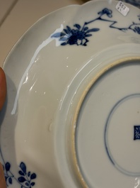 Four Chinese blue and white moulded plates with floral design, Kangxi