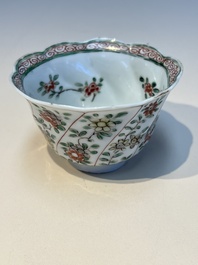 Three sets of Chinese famille verte cups and saucers with birds and flowers, various marks, Kangxi