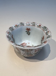 Three sets of Chinese famille verte cups and saucers with birds and flowers, various marks, Kangxi