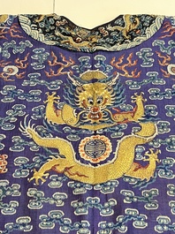 A Chinese blue-ground embroidered silk summer gauze 'Dragon' robe, 'Ji Fu' 吉服, 19th C.