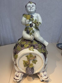 A massive polychrome Brussels faience 'Bacchus on a Barrel' fountain, 18th C.