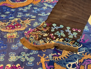 A Chinese blue-ground embroidered silk 'Dragon' robe, 'Ji Fu' 吉服, 19th C.