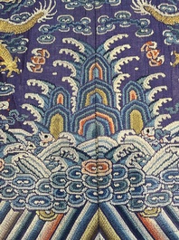 A Chinese blue-ground embroidered silk summer gauze 'Dragon' robe, 'Ji Fu' 吉服, 19th C.