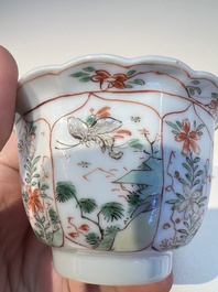 Three sets of Chinese famille verte cups and saucers with birds and flowers, various marks, Kangxi
