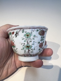 Three sets of Chinese famille verte cups and saucers with birds and flowers, various marks, Kangxi