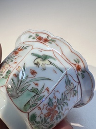 Three sets of Chinese famille verte cups and saucers with birds and flowers, various marks, Kangxi