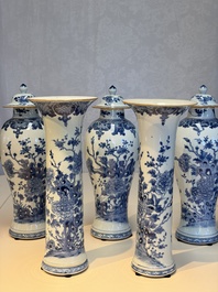 A Chinese blue and white five-piece garniture with birds among flowering branches, Qianlong