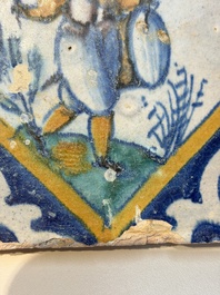 A polychrome Dutch Delft maiolica 'Drummer' diamond tile, 16th C.