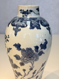 A Chinese blue and white five-piece garniture with birds among flowering branches, Qianlong