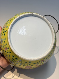 A pair of Chinese famille rose yellow-ground 'Dragon and Phoenix' covered warming bowls and a bowl, Tongzhi marks, 19th C.