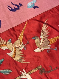 An extremely large Chinese red-ground embroidered silk 'Sanxing and Eight Immortals' panel, 19th C.
