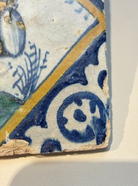 A polychrome Dutch Delft maiolica 'Drummer' diamond tile, 16th C.