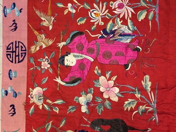 An extremely large Chinese red-ground embroidered silk 'Sanxing and Eight Immortals' panel, 19th C.