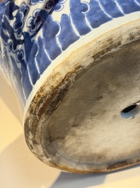 A large Chinese blue and white 'Lotus Scroll' baluster vase with later gilt-bronze lamp mounts, Kangxi
