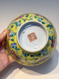 A pair of Chinese famille rose yellow-ground 'Dragon and Phoenix' covered warming bowls and a bowl, Tongzhi marks, 19th C.