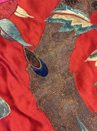 An extremely large Chinese red-ground embroidered silk 'Sanxing and Eight Immortals' panel, 19th C.