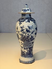 A Chinese blue and white five-piece garniture with birds among flowering branches, Qianlong