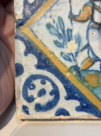 A polychrome Dutch Delft maiolica 'Drummer' diamond tile, 16th C.