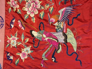 An extremely large Chinese red-ground embroidered silk 'Sanxing and Eight Immortals' panel, 19th C.