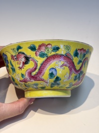 A pair of Chinese famille rose yellow-ground 'Dragon and Phoenix' covered warming bowls and a bowl, Tongzhi marks, 19th C.