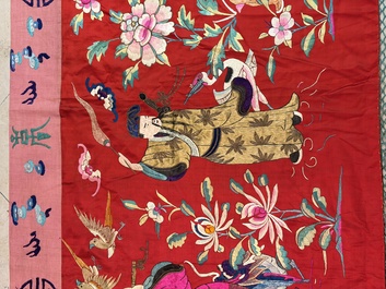 An extremely large Chinese red-ground embroidered silk 'Sanxing and Eight Immortals' panel, 19th C.