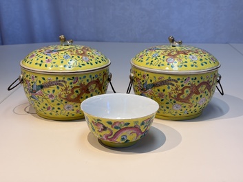 A pair of Chinese famille rose yellow-ground 'Dragon and Phoenix' covered warming bowls and a bowl, Tongzhi marks, 19th C.