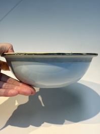A pair of Chinese famille rose yellow-ground 'Dragon and Phoenix' covered warming bowls and a bowl, Tongzhi marks, 19th C.