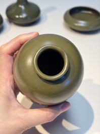 Four Chinese teadust-glazed vases and a brush washer, 19th C.